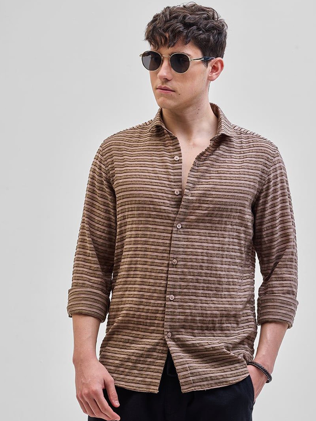 

Snitch Men Smart Spread Collar Textured Casual Shirt, Brown