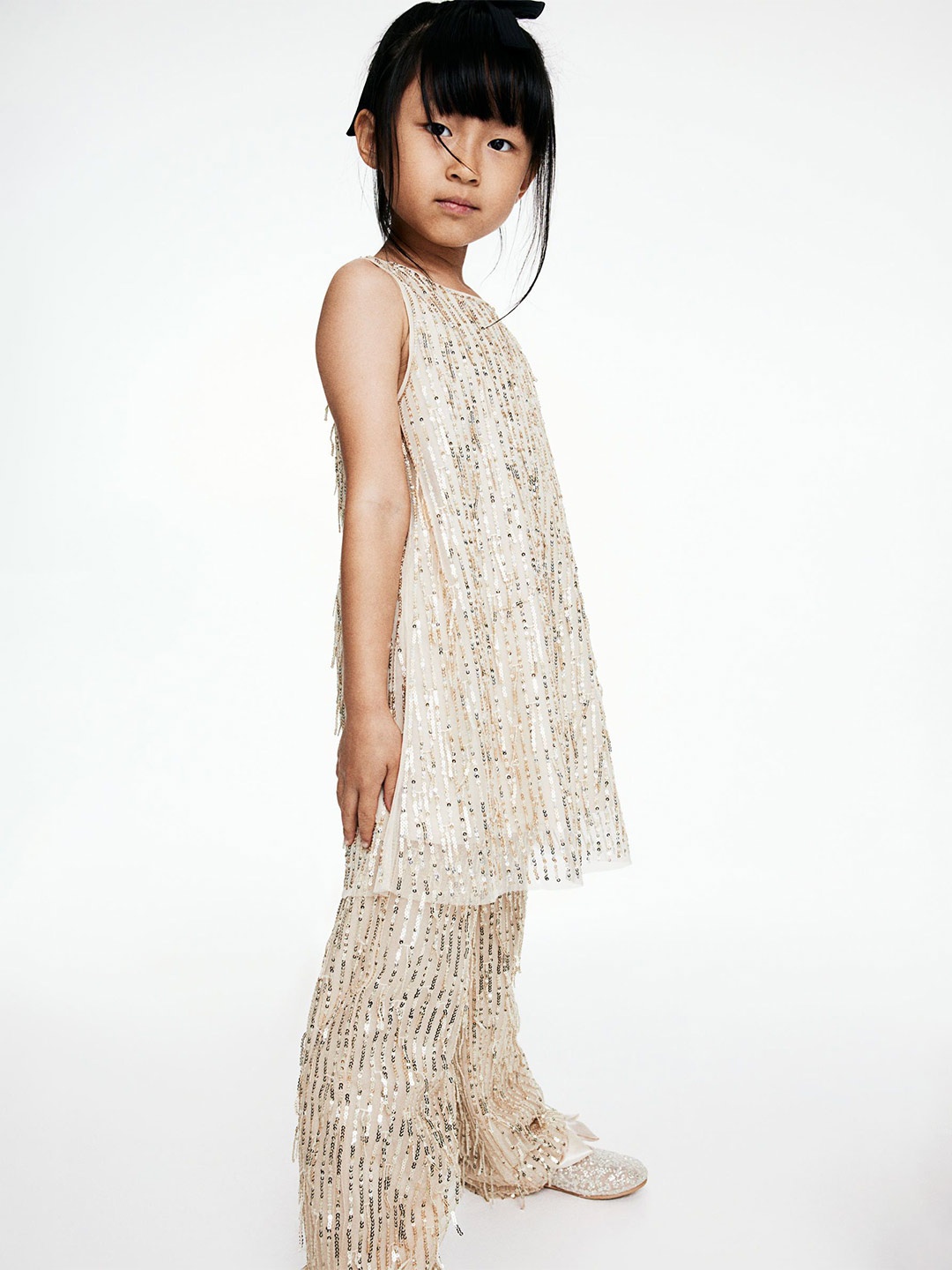 

H&M Girls Sequined A-Line Dress, Beige