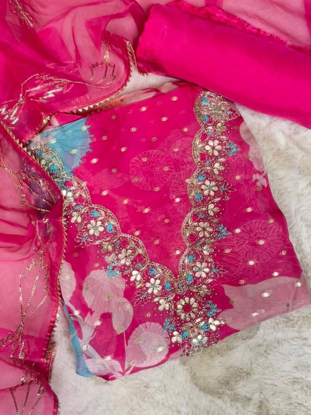 

ROOPKALA Embellished Organza Unstitched Dress Material, Magenta