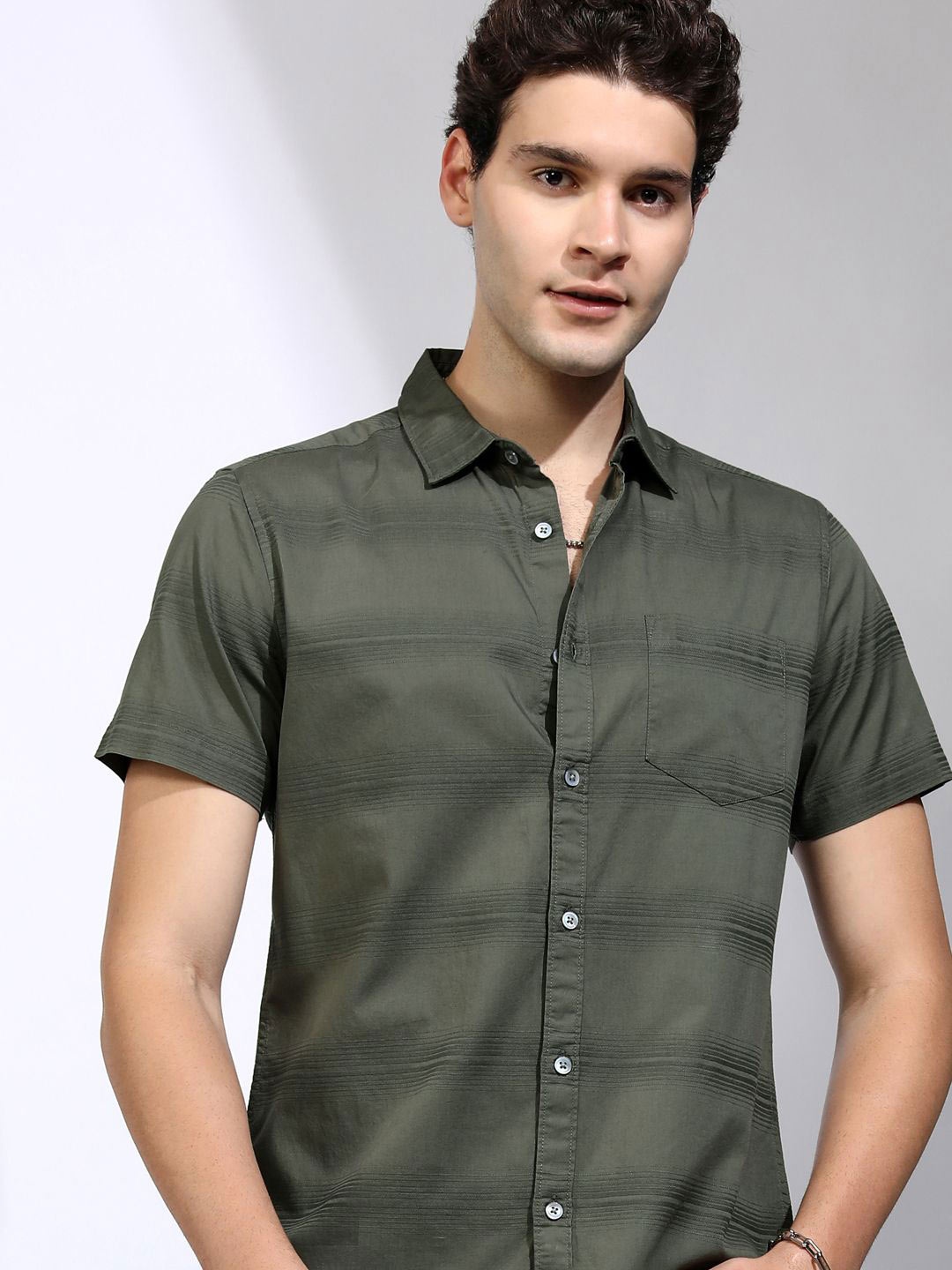 

Highlander Men Dark Olive Dobby Textured Striped Casual Regular Fit Shirt