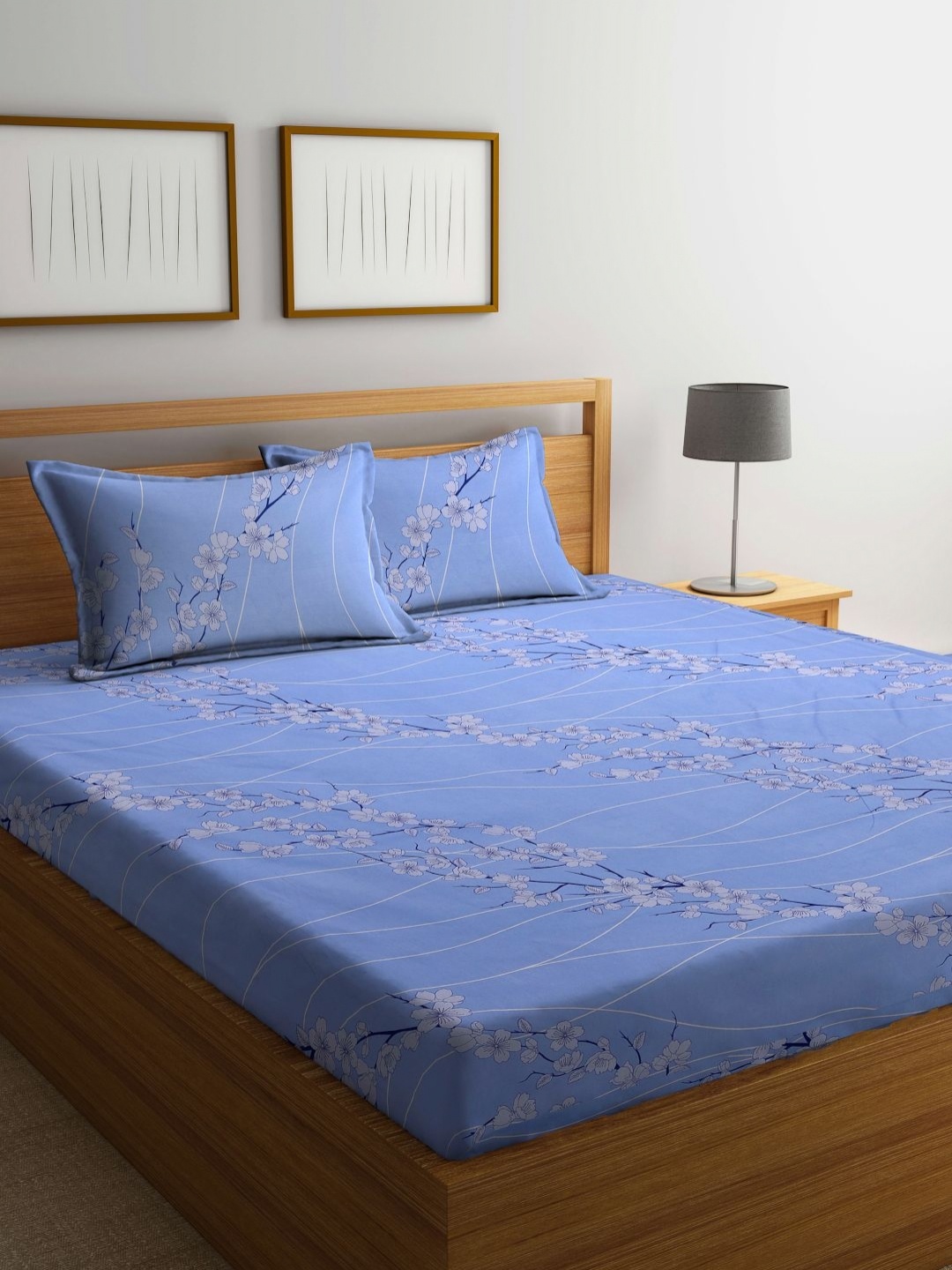 

KLOTTHE Blue Floral 400 TC Pure Cotton Fitted King Double Bedsheet with 2 Pillow Covers