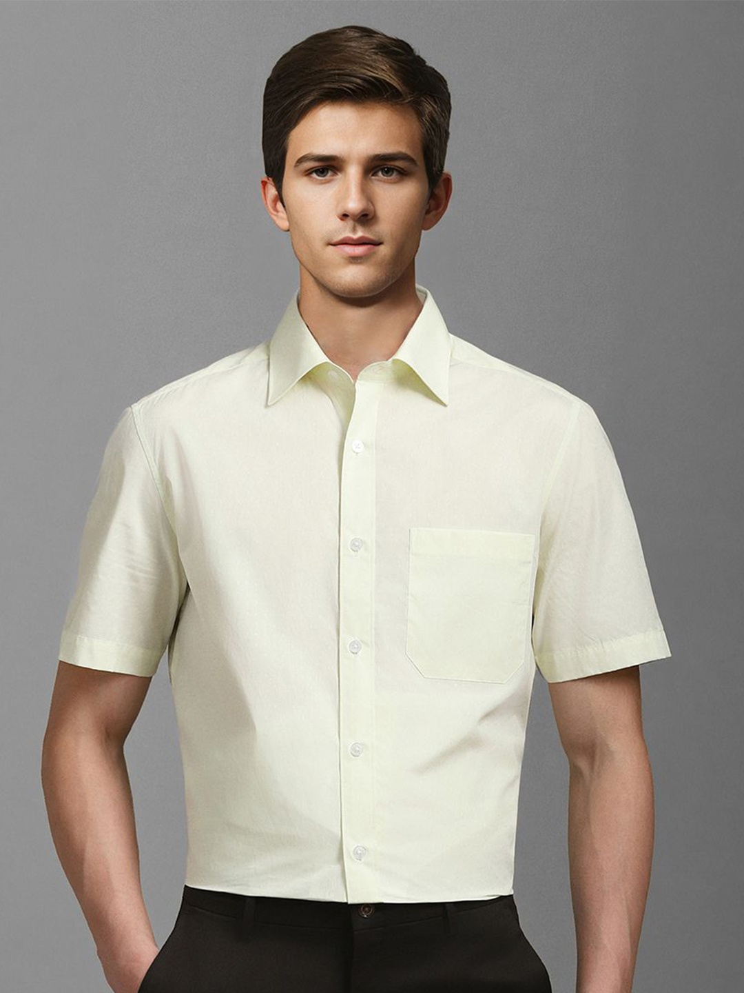

Louis Philippe Men Classic Spread Collar Solid Cotton Formal Shirt, Cream