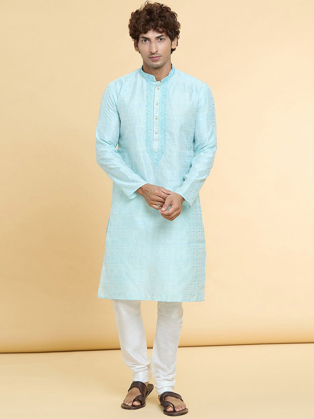 

Arihant Rai Sinha Floral Embroidered Mandarin Collar Straight Kurta With Churidar, Blue