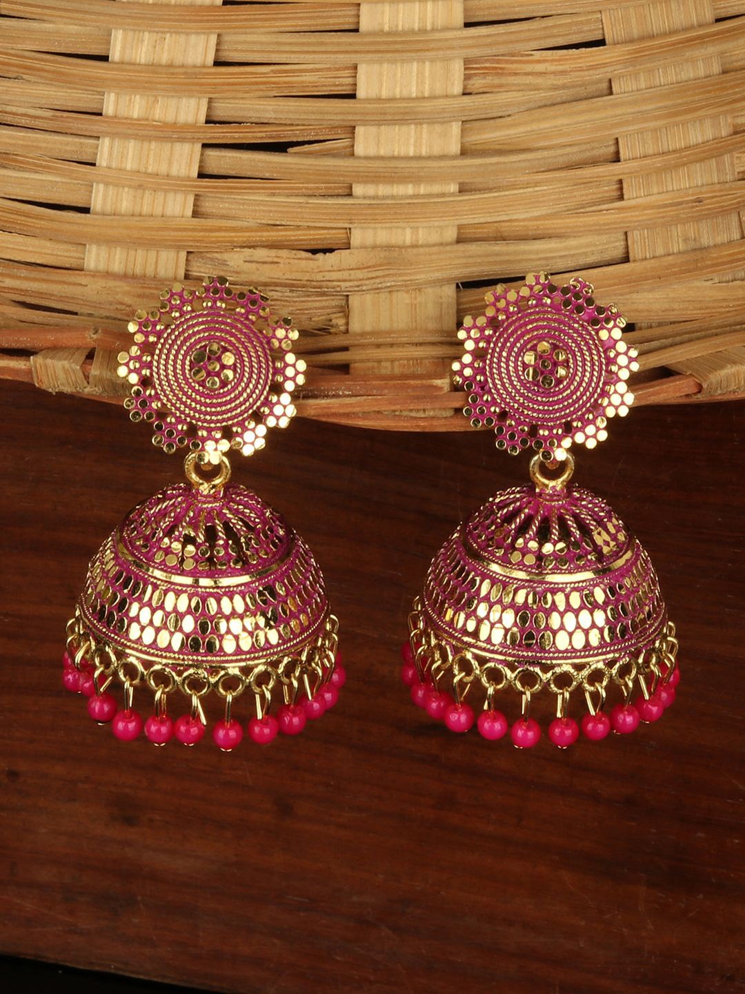 

Anouk Gold-Plated Dome Shaped Beaded Jhumkas, Magenta