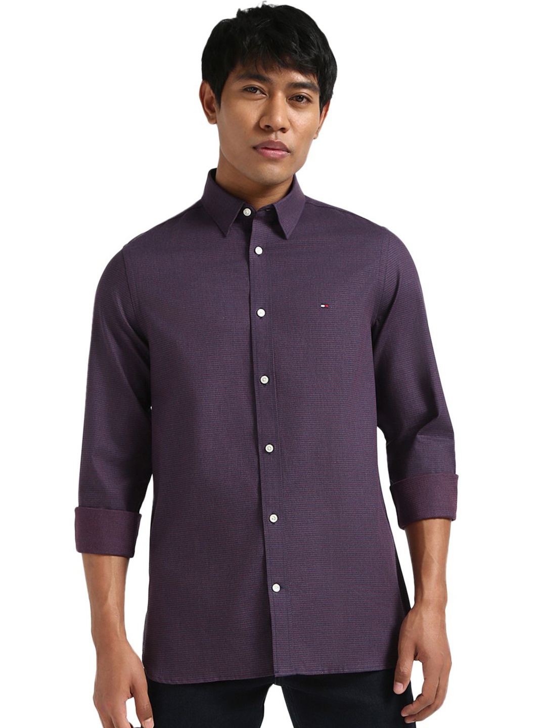 

Tommy Hilfiger Men Spread Collar Textured Cotton Slim Fit Casual Shirt, Purple