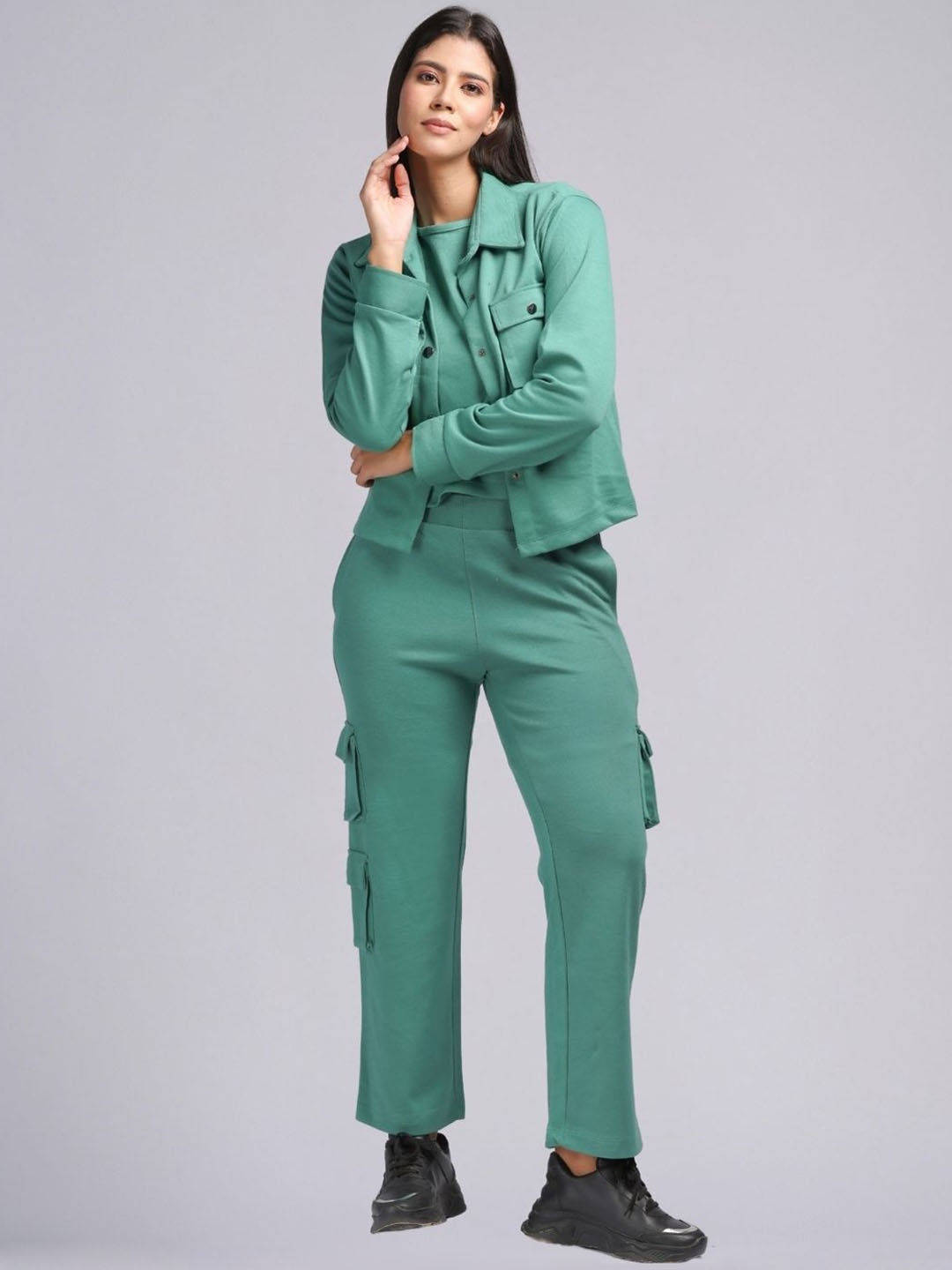 

PUREMIST Shirt Collar Long Sleeve Jacket With Trouser With Top, Sea green