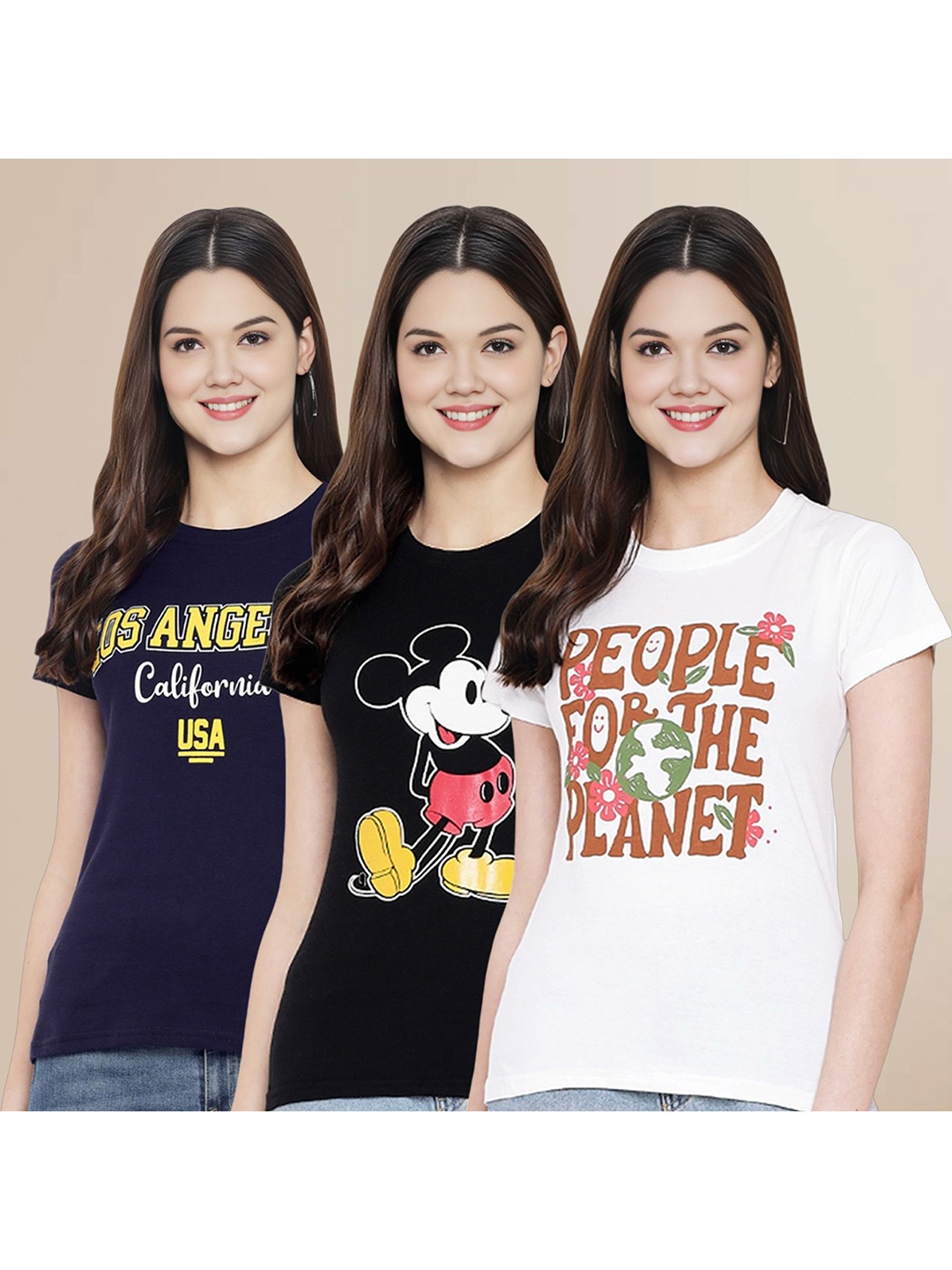 

Metronaut Women Pack Of 3 Typography Printed Round Neck Cotton Mickey Mouse T-shirts, Black