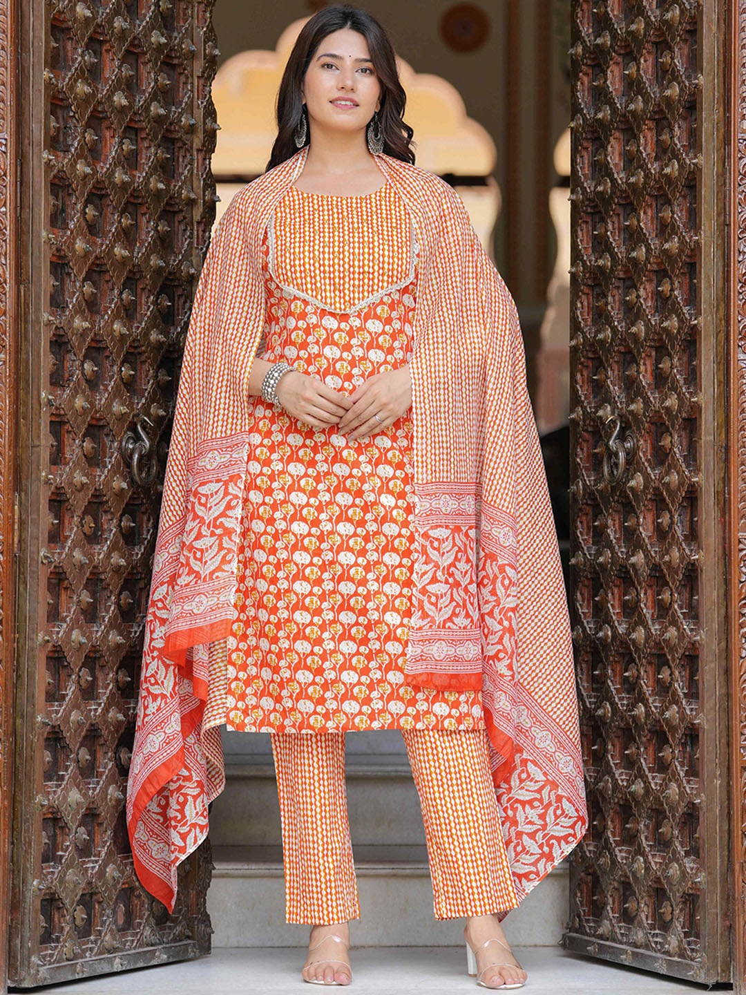 

KALINI Floral Printed Pure Cotton Straight Kurta with Palazzos & Dupatta, Orange