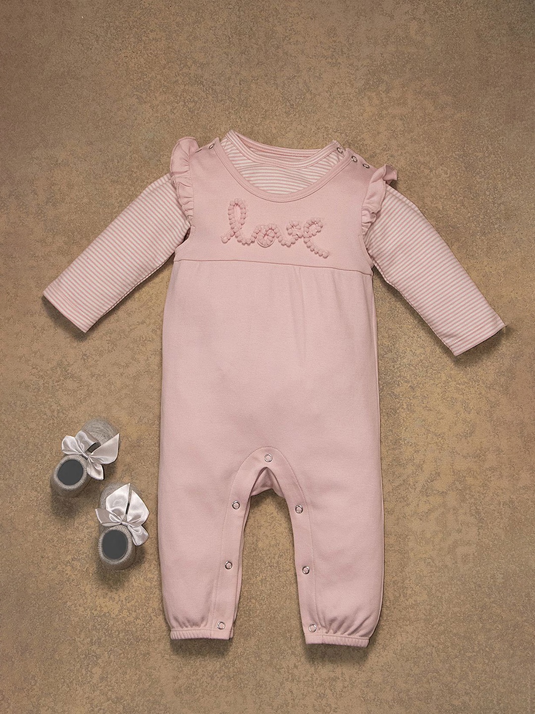 

One Friday Girls Stripes Cotton Romper With T-Shirt, Pink