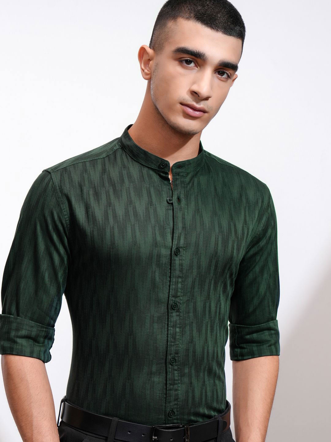 

Highlander Men Dobby Textured Solid Cuban Collar Regular Fit Shirt, Green