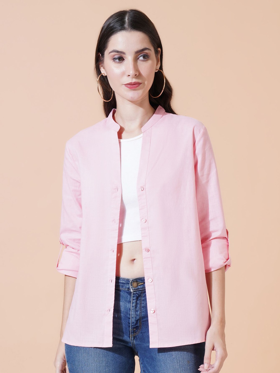 

Mast & Harbour Women Relaxed Mandarin Collar Solid Cotton Oversized Casual Shirt, Pink