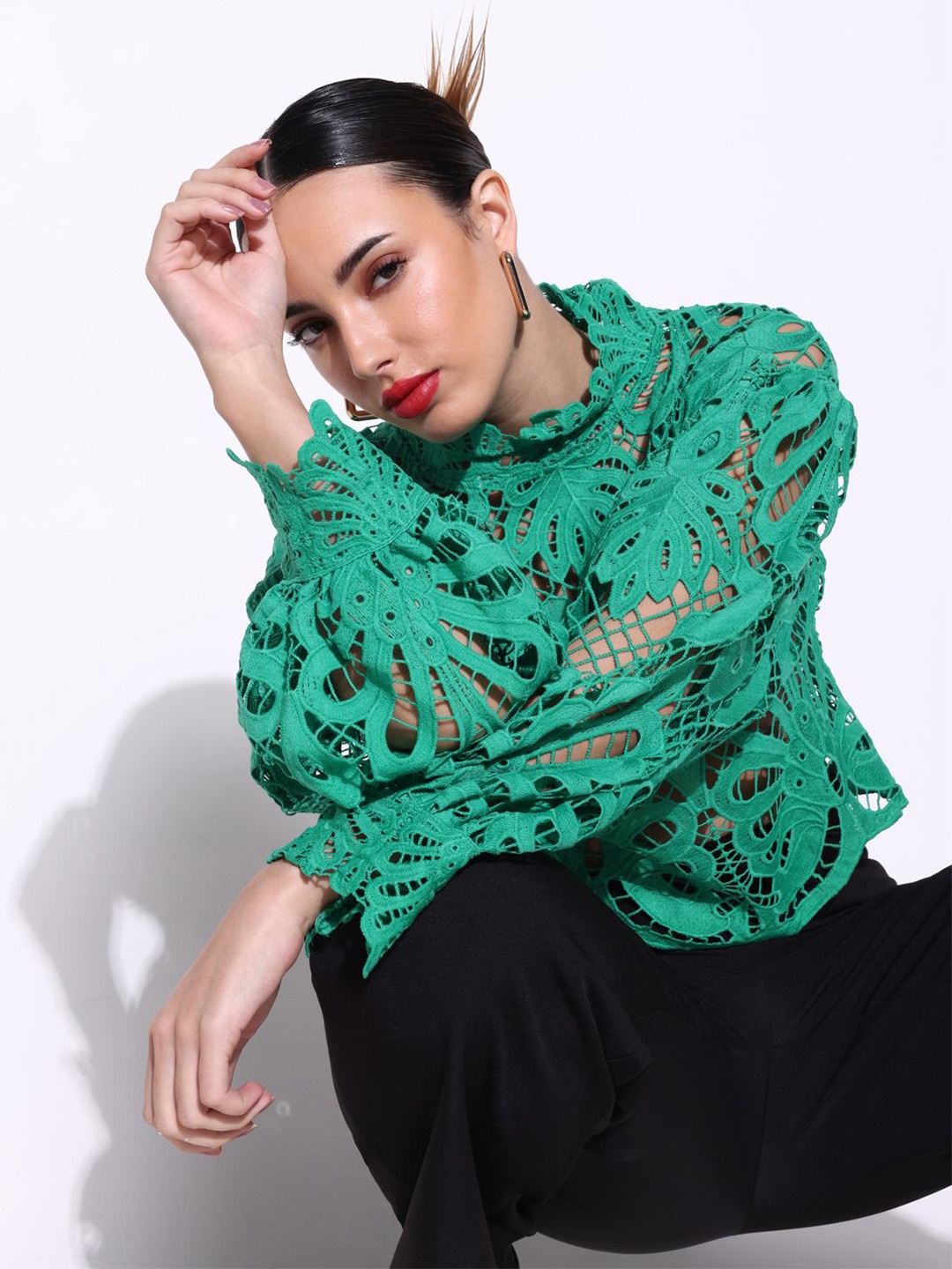 

SHOWOFF Self Design Puff Sleeve Long Sleeves Puff Sleeves Crochet Top, Green