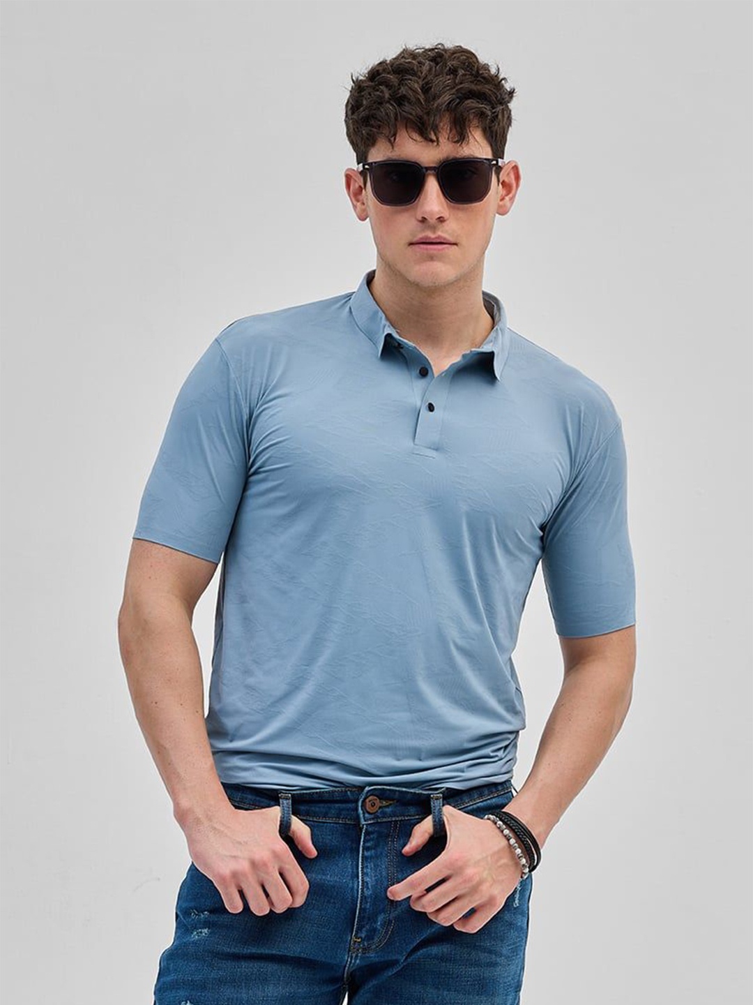 

Snitch Men Self Design Polo Collar Slim Fit T-shirt, Blue