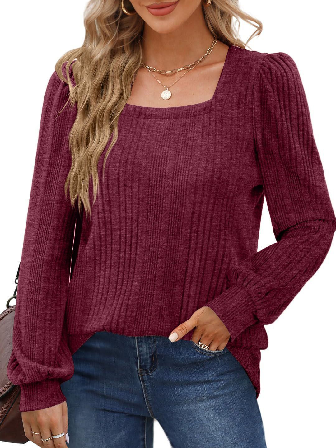 

StyleCast Puff Sleeve Long Sleeves Square Neck Top, Maroon