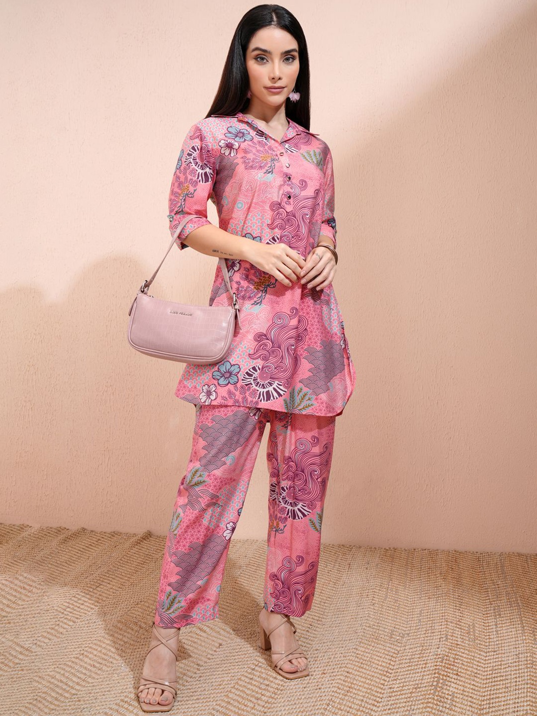 

Vishudh Pink Floral Printed Shirt Collar Three-Quarter Sleeves Top With Trouser