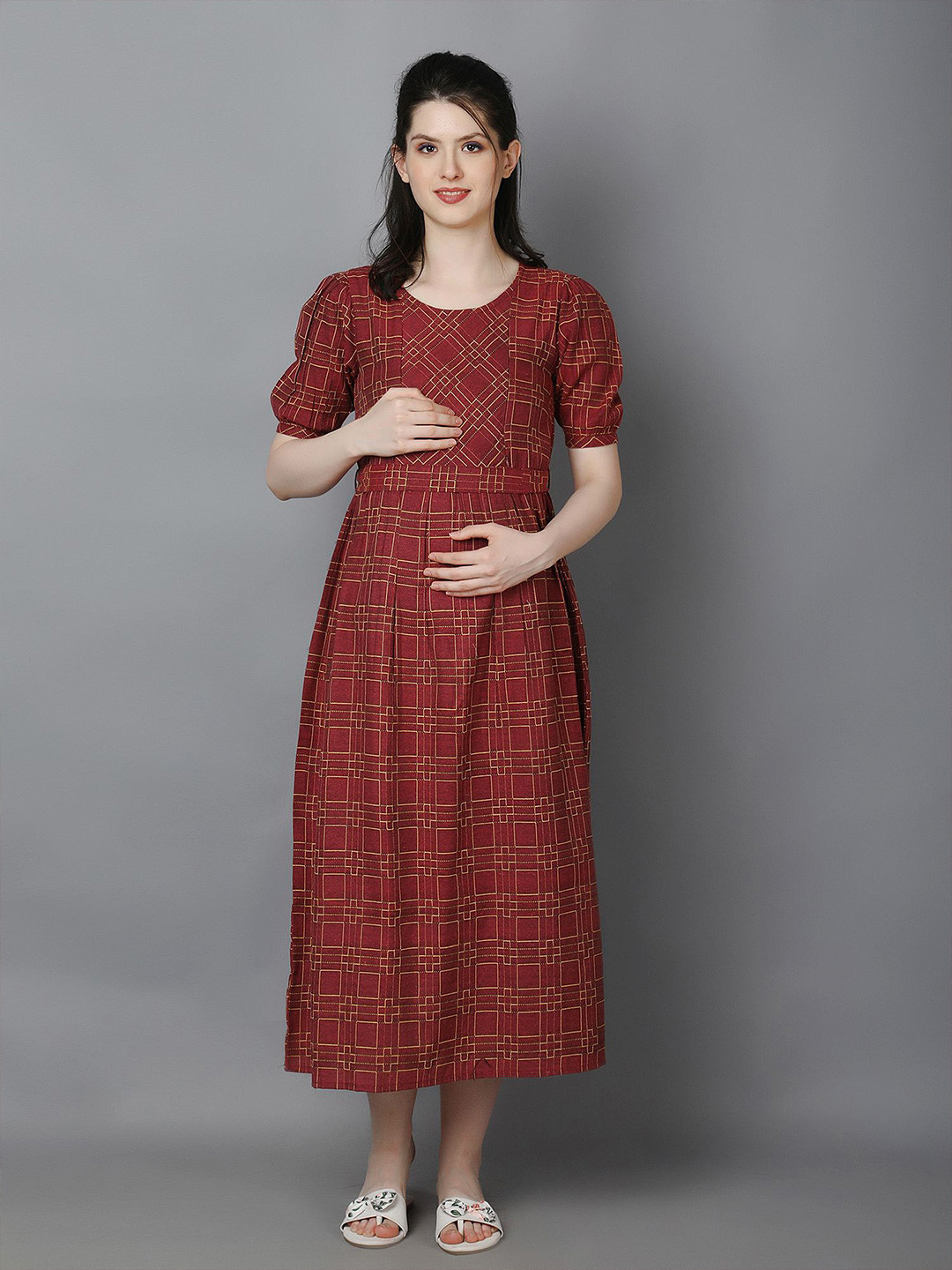 

Zuvino Cotton Round Neck Puff Sleeve Fit & Flare Midi Maternity Dress, Burgundy