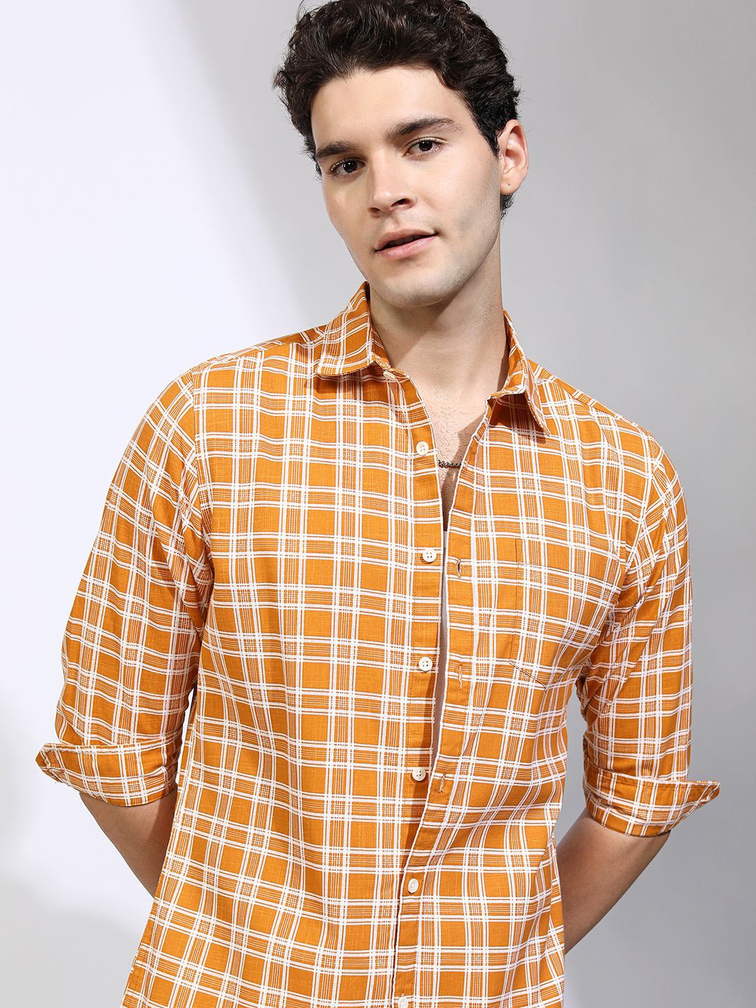 

Highlander Men Cotton Linen Checked Casual Regular Fit Shirt, Mustard