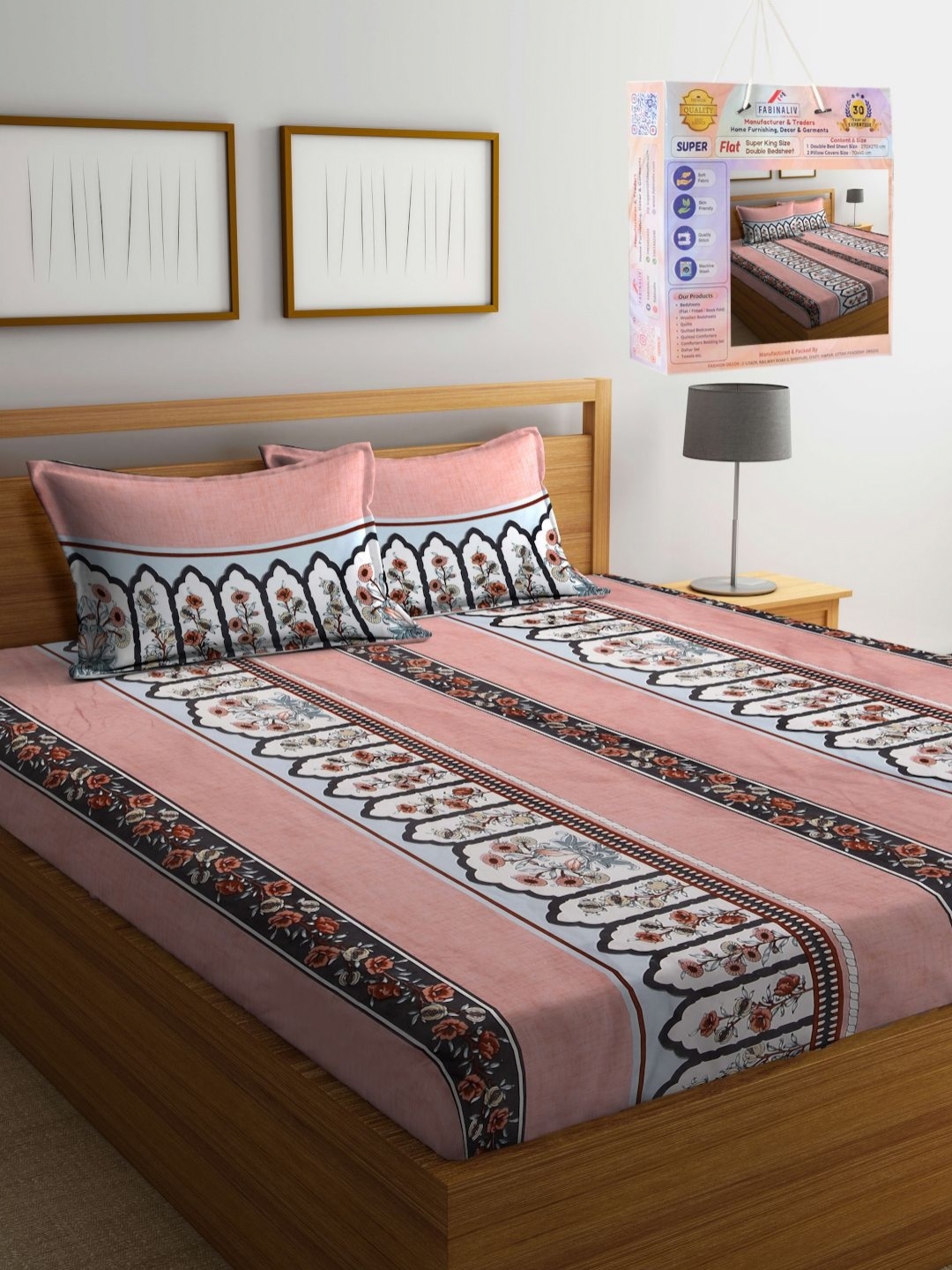 

FABINALIV Pink & Brown Floral Printed 300 TC King Bedsheet Set 2.70 m x 2.70 m