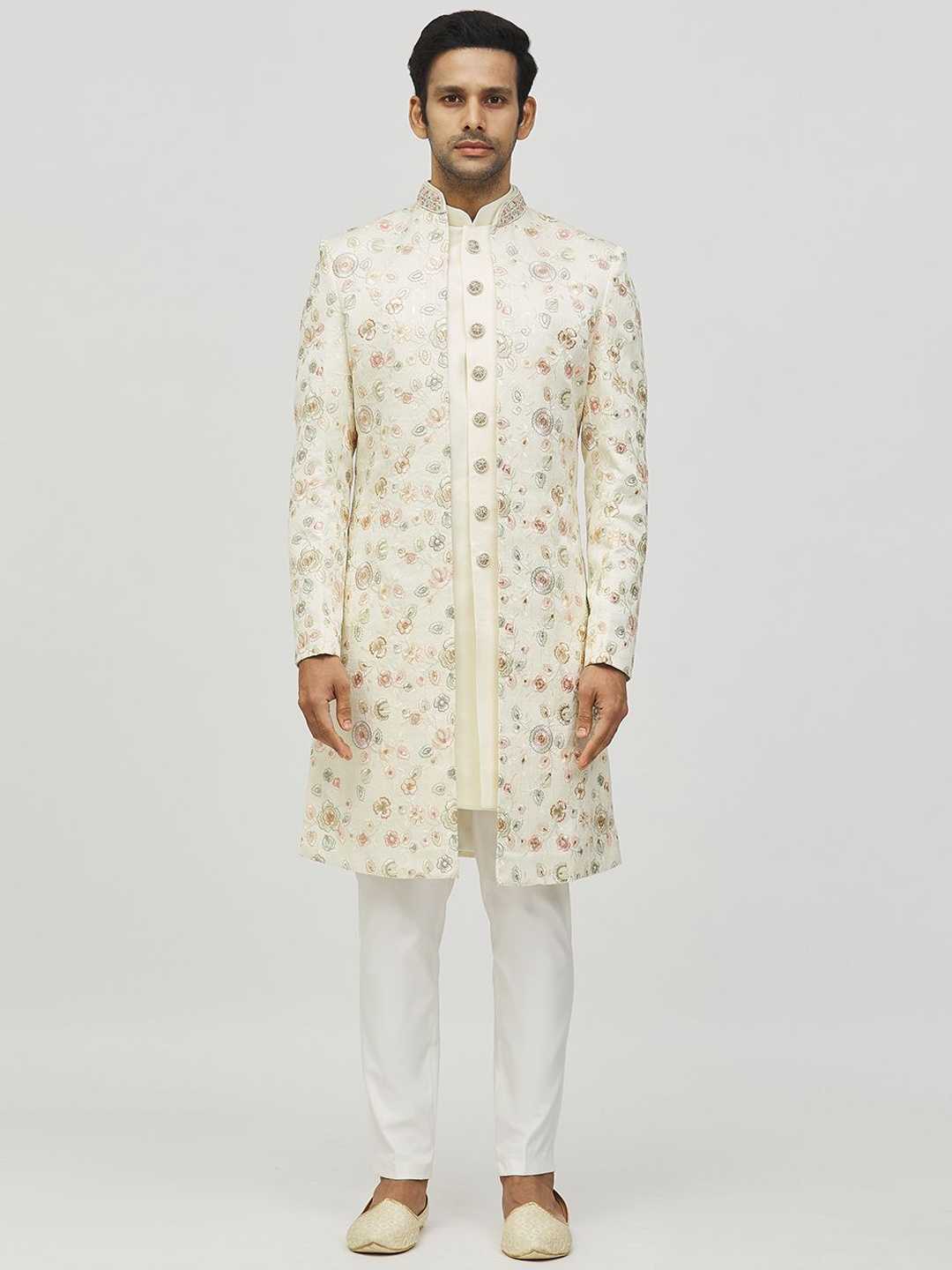 

Aryavir Malhotra Men Floral Embroidered Jacket With Sherwani Set, Cream