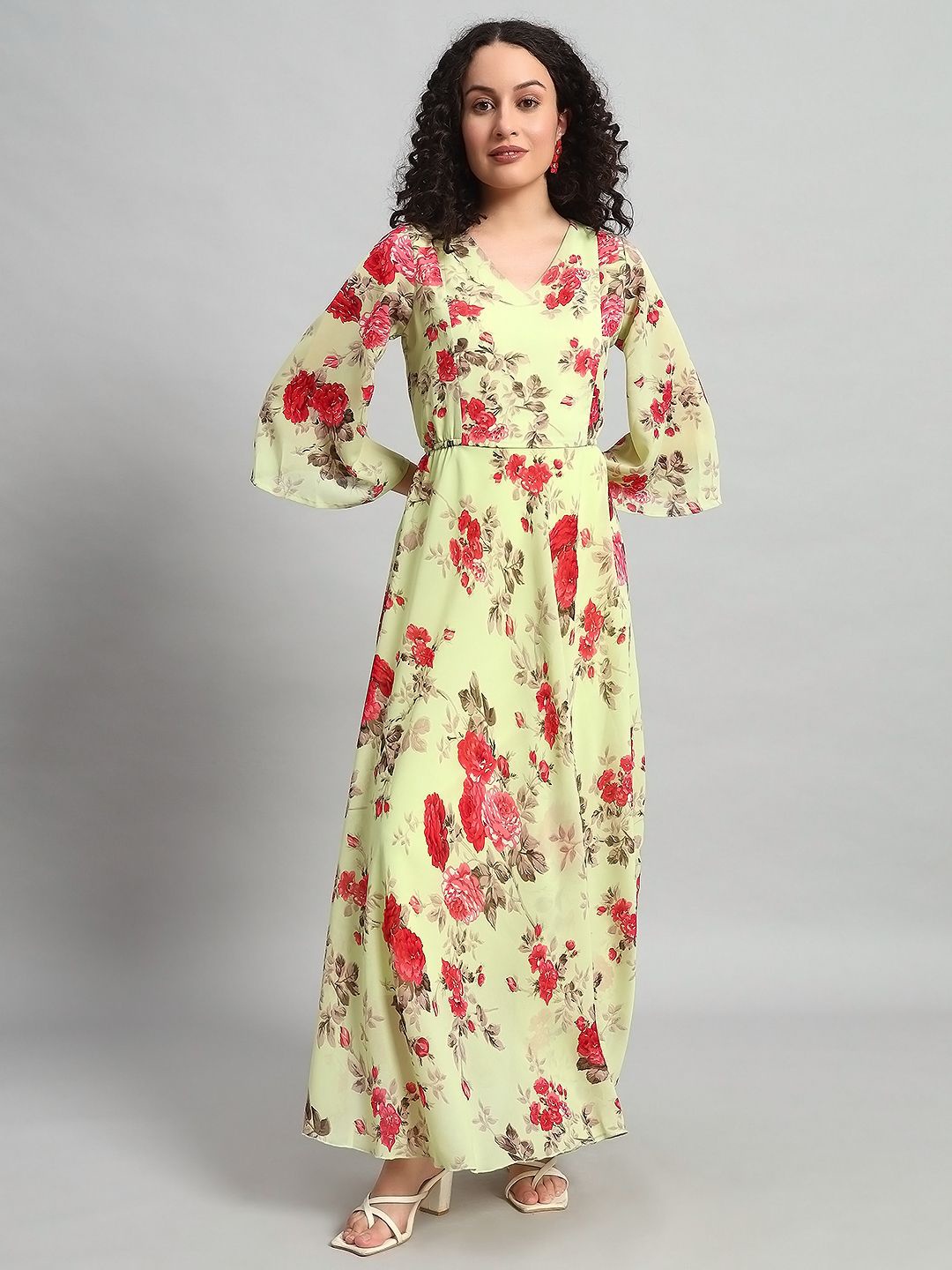 

HELLO DESIGN Women Floral Printed Georgette Maxi Dress, Green