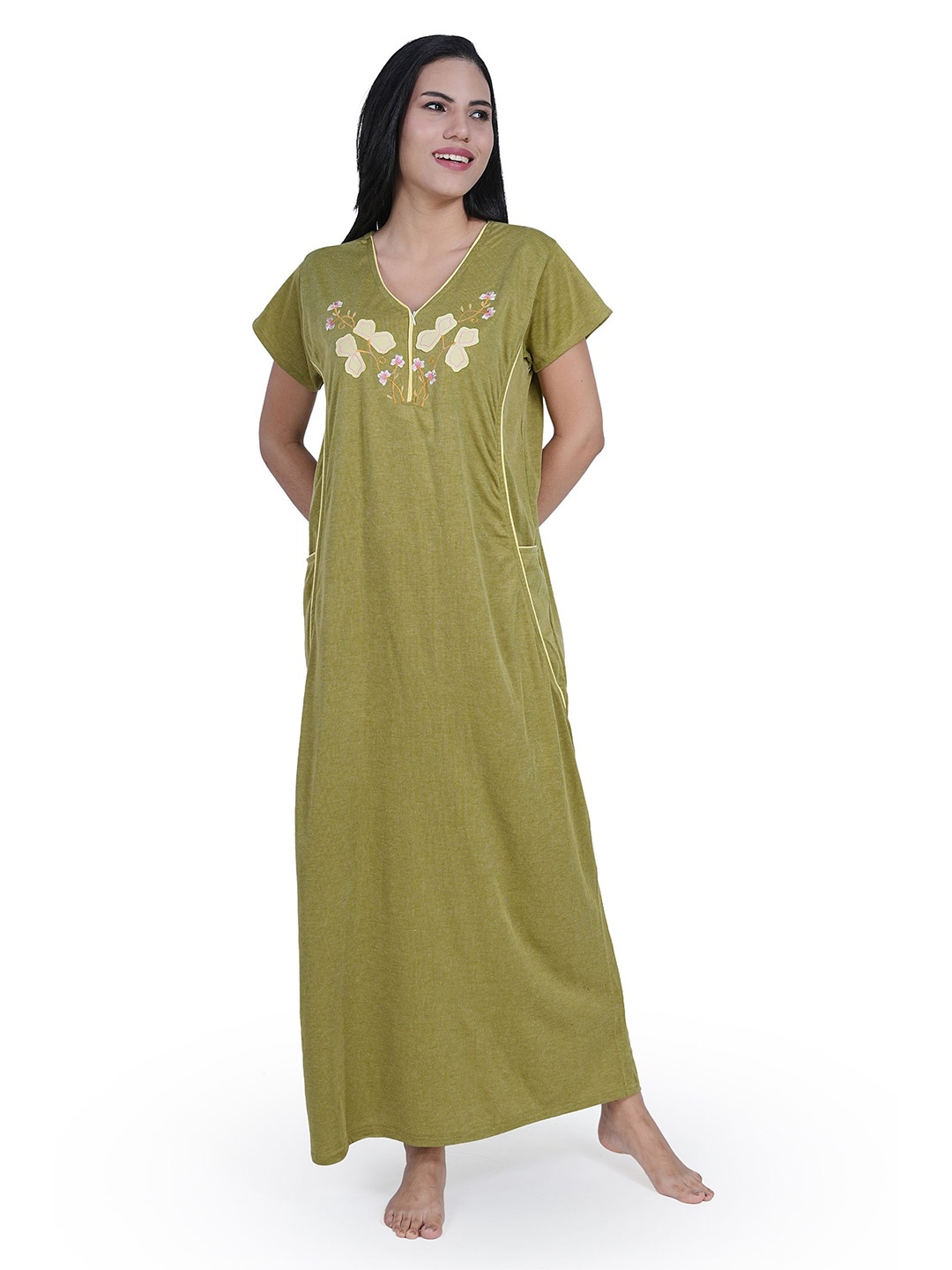 

Noty Women V-Neck Printed Maxi Nightdress, Green