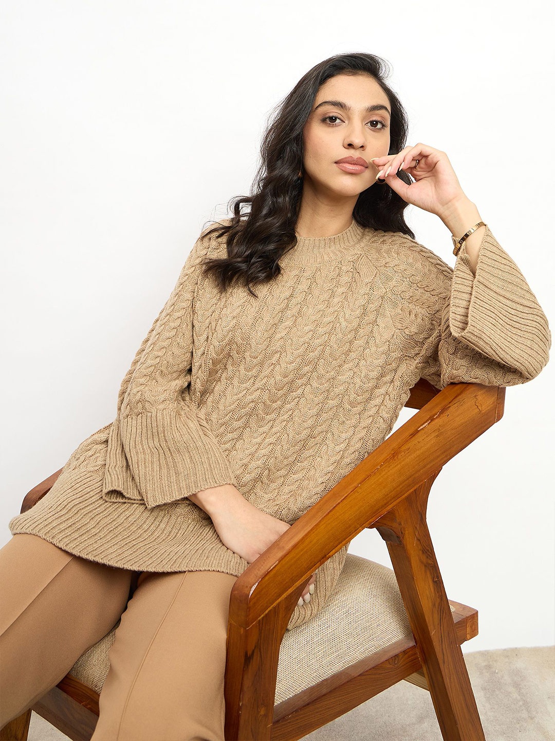 

SALT ATTIRE Women Cable Knit Woollen Pullover Sweaters, Beige