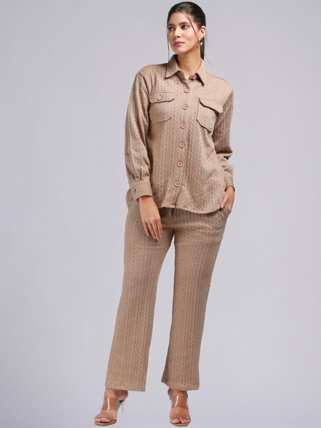 

PUREMIST Self Design Shirt Collar Long Sleeves Shirt With Trouser, Cream