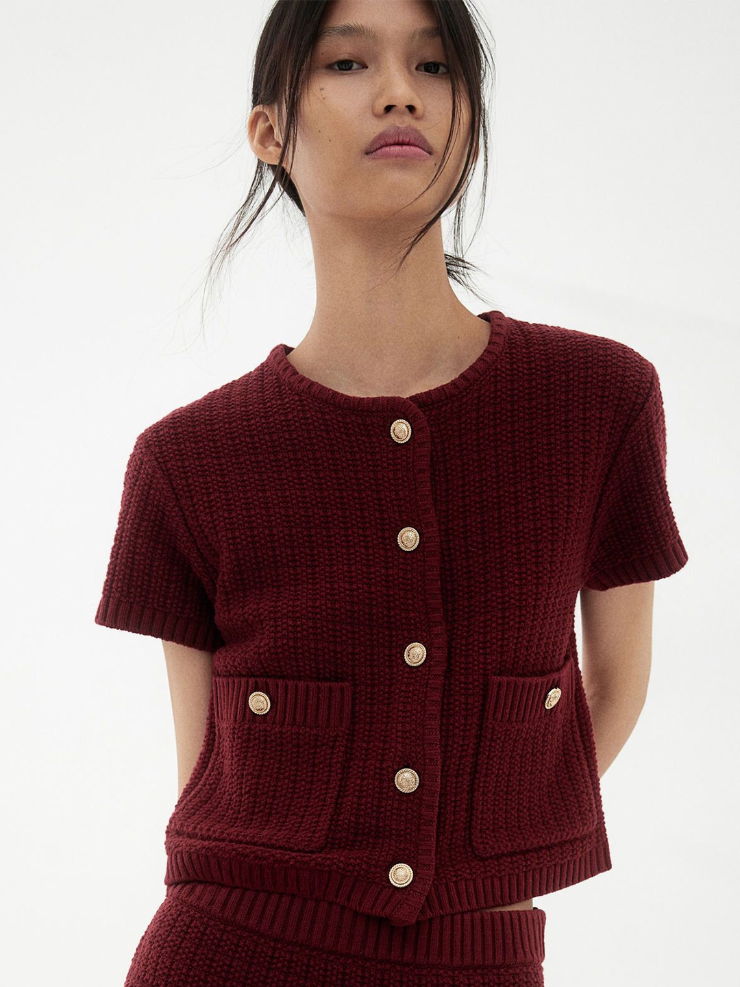 

H&M Women Moss-Knit Cardigan, Maroon