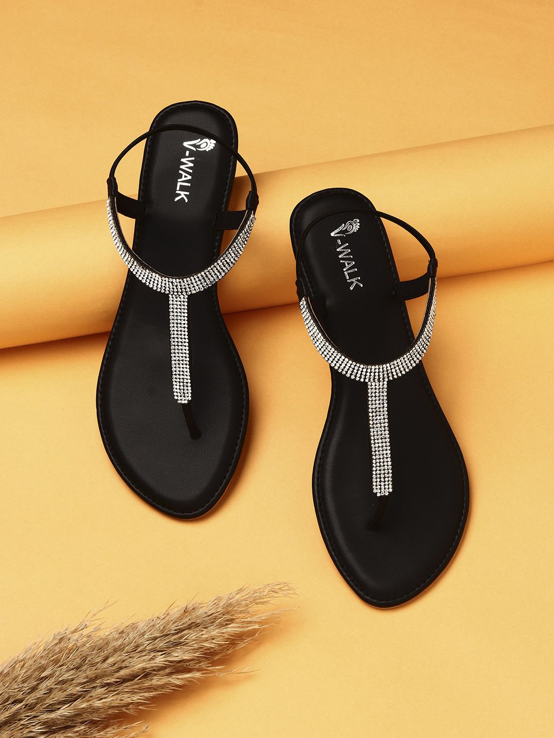 

V-WALK Women Embellished T-Strap Flats, Black