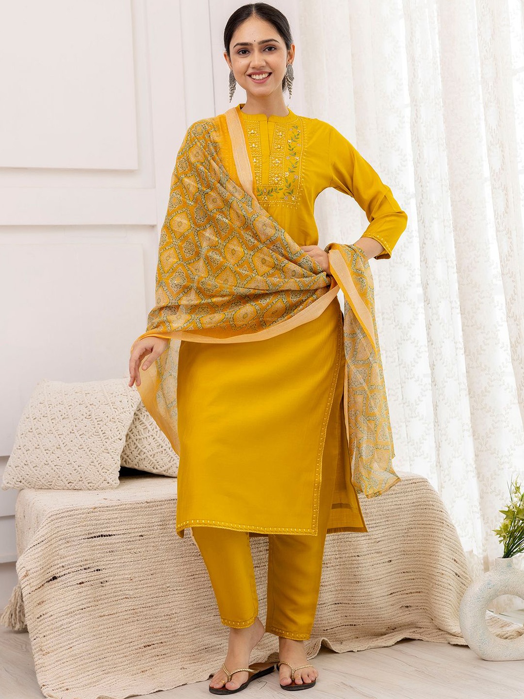 

DIVASTRI Floral Yoke Design Mandarin Collar Sequinned Straight Kurta & Trouser & Dupatta, Mustard