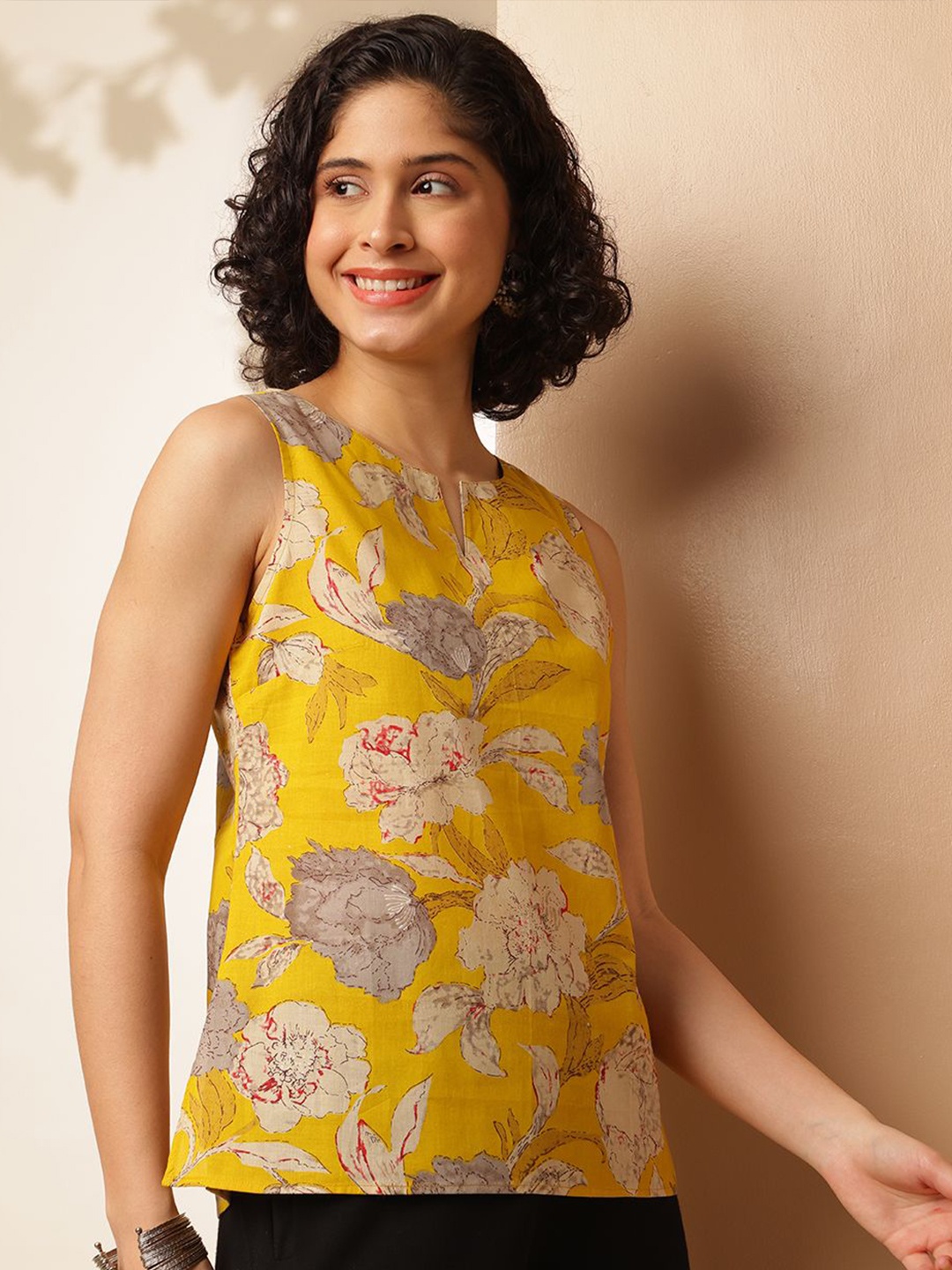 

Anouk Floral Printed Boat Neck Sleeveless Top, Mustard