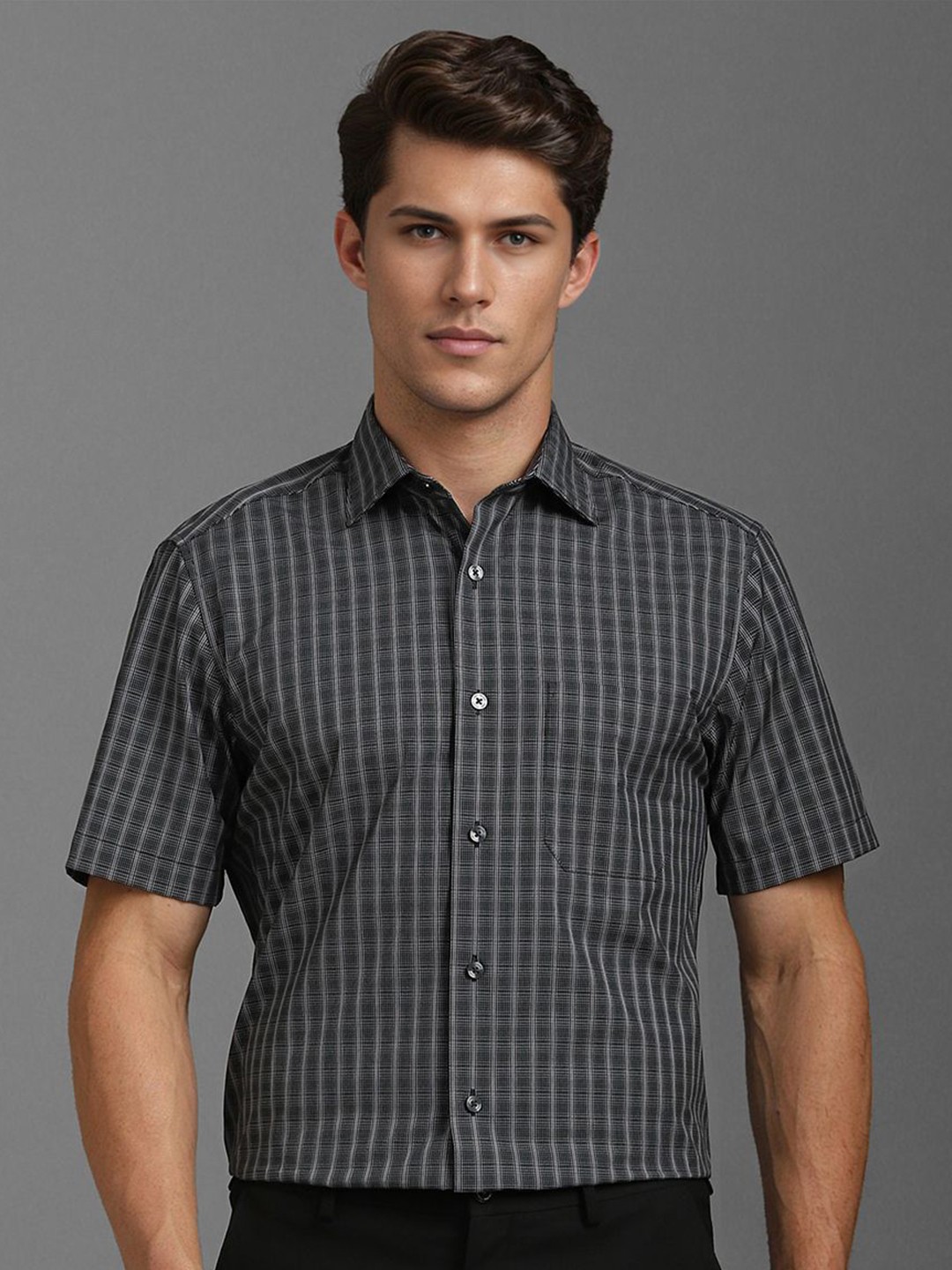 

Louis Philippe Men Classic Spread Collar Checked Cotton Formal Shirt, Charcoal