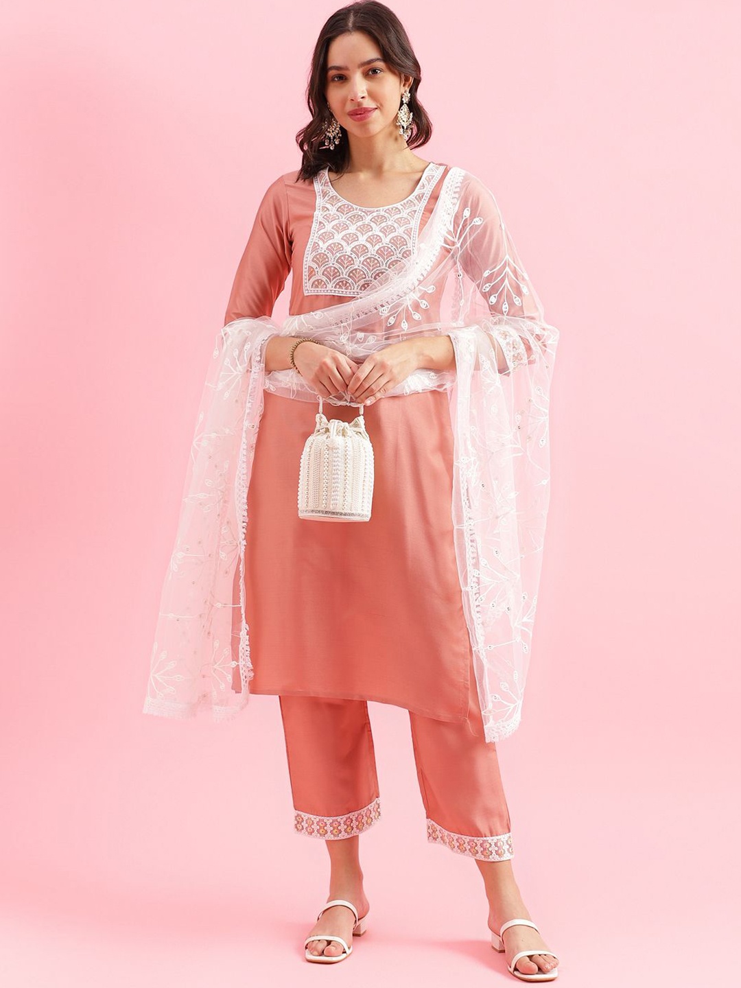 

HRITIKA Round Neck Floral Yoke Design Thread Work Straight Kurta with Trousers & Dupatta, Coral