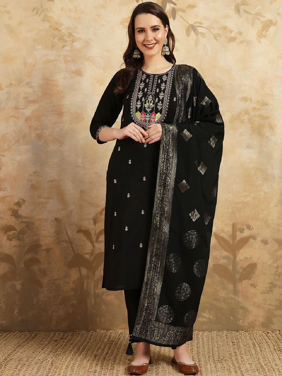 

Yara Creation Women Floral Embroidered Regular Thread Work Chanderi Cotton Kurta with Trousers & With Dupatta, Black