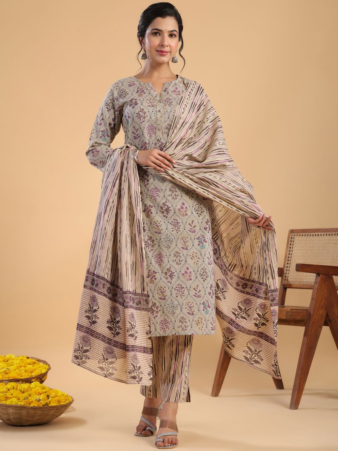 

KALINI Floral Printed Pure Cotton Straight Kurta with Trousers & Dupatta, Cream