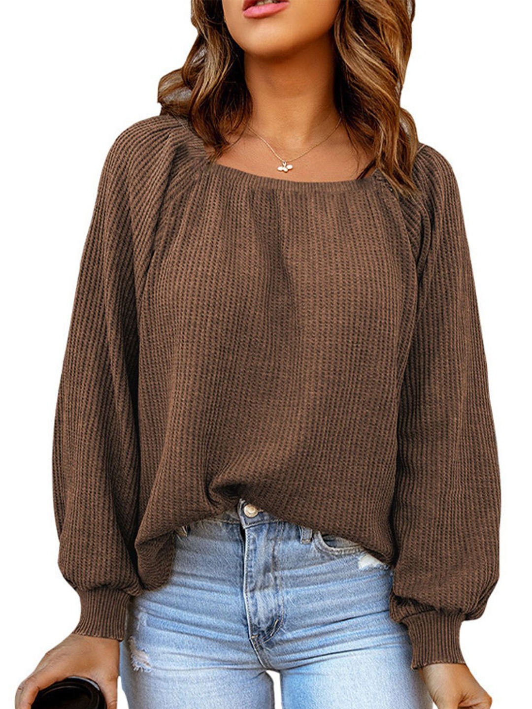 

StyleCast Women Self Design Striped Square Neck Cuffed Long Sleeve Top, Brown