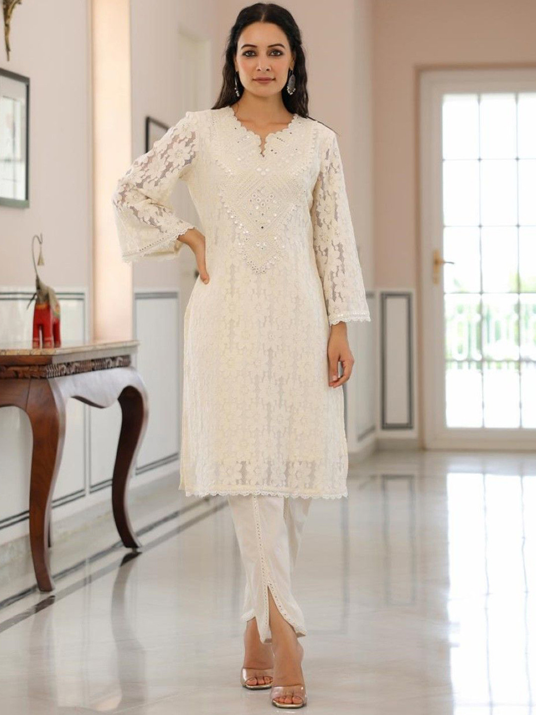 

AUTUMN LANE Floral Mirror Work Pure Cotton Kurta with Trouser, Off white
