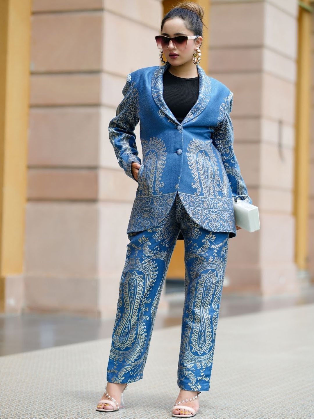 

HOUSE OF KIRNA'S WITH LOGO OF HOK Shawl Collar Self-Design Coat & Trouser, Blue