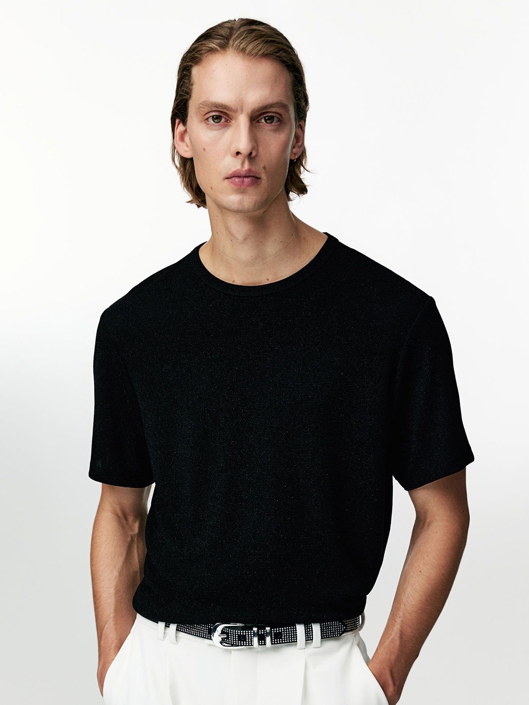 

H&M Loose Fit Glittery T-Shirt, Black