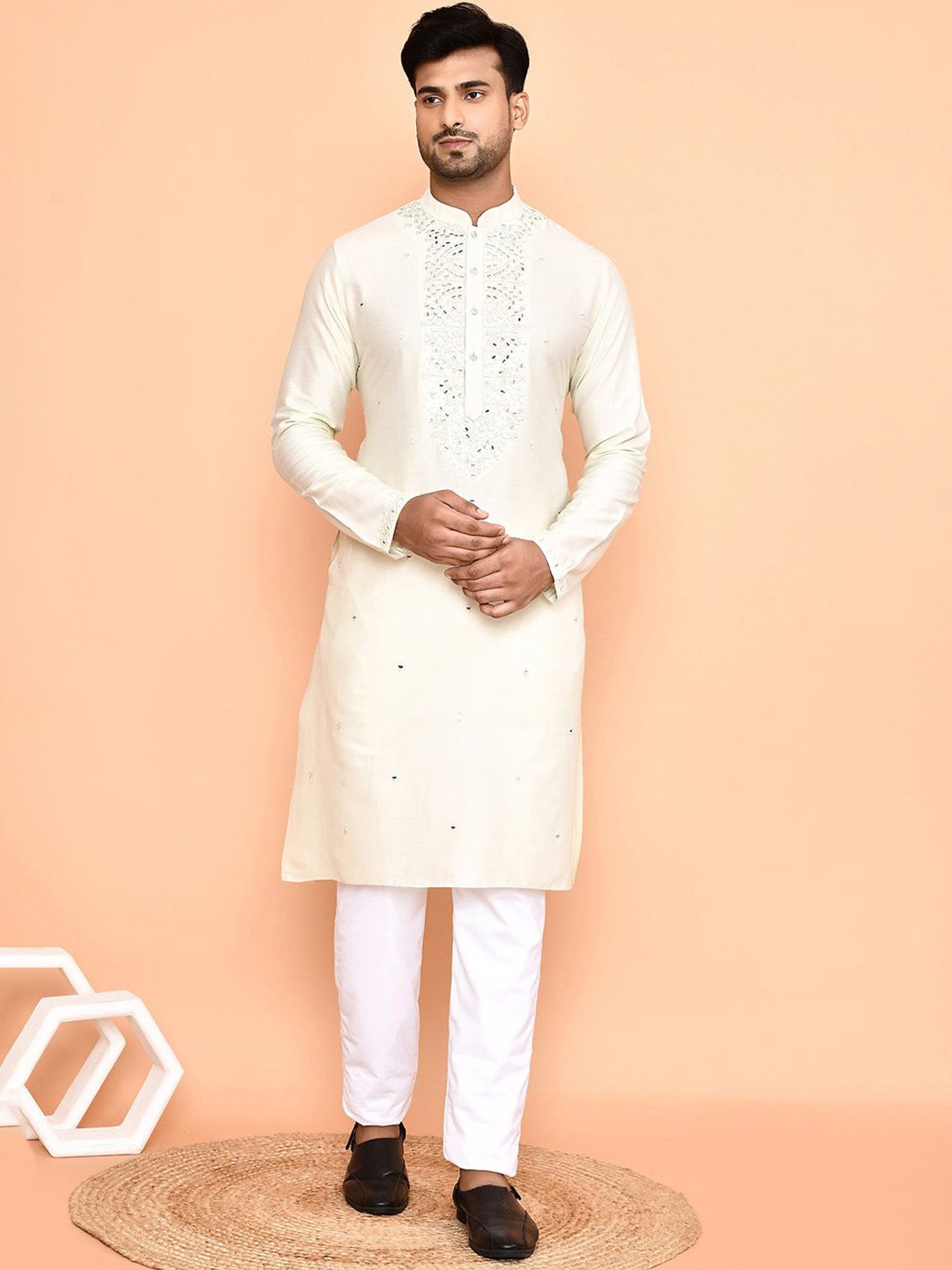 

Arihant Rai Sinha Men Embroidered Straight Mirror Work Kurta with Trouser, Cream