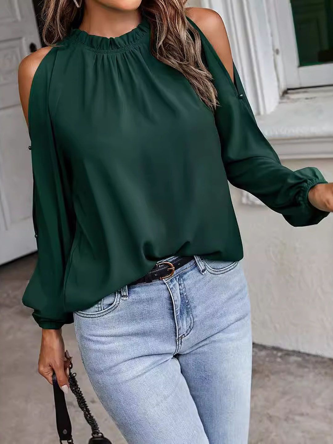 

StyleCast Women Cold-Shoulder High Neck Top, Green