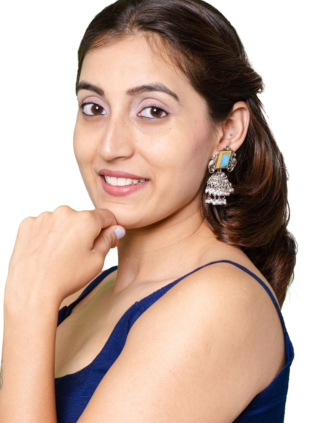 

Shining Jewel - By Shivansh Silver Plated CZ Studded Dome Shaped Oxidised Jhumkas