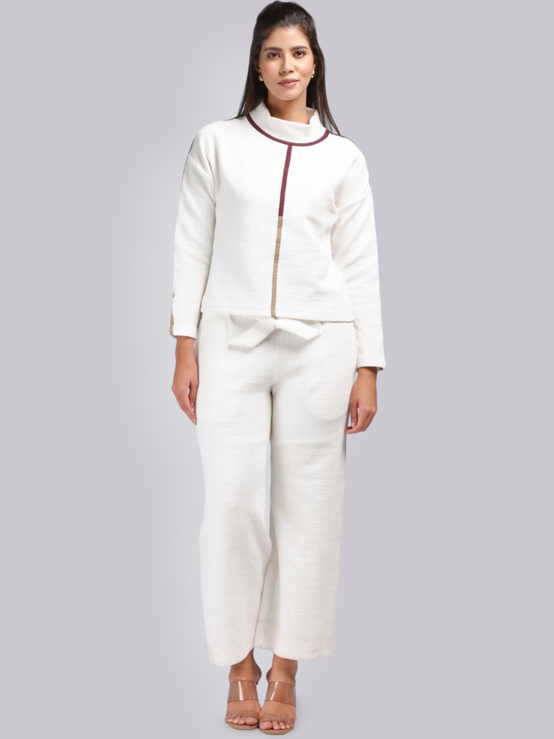 

PUREMIST Self Design High Neck Long Sleeves Top With Trouser, White