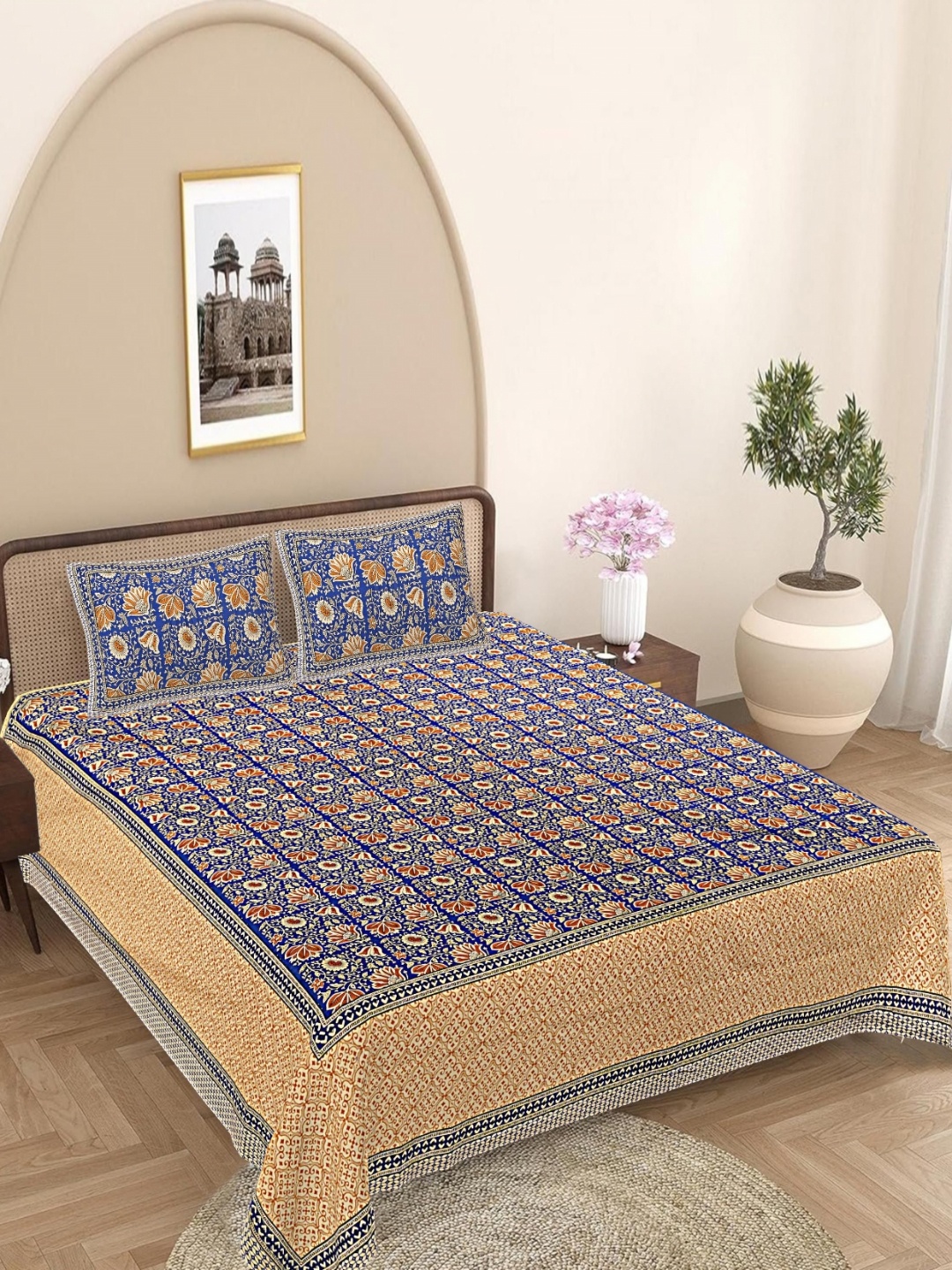 

FrionKandy Living Blue Floral Printed Cotton 180 TC King Bedsheet Set 2.74 x 2.69 m