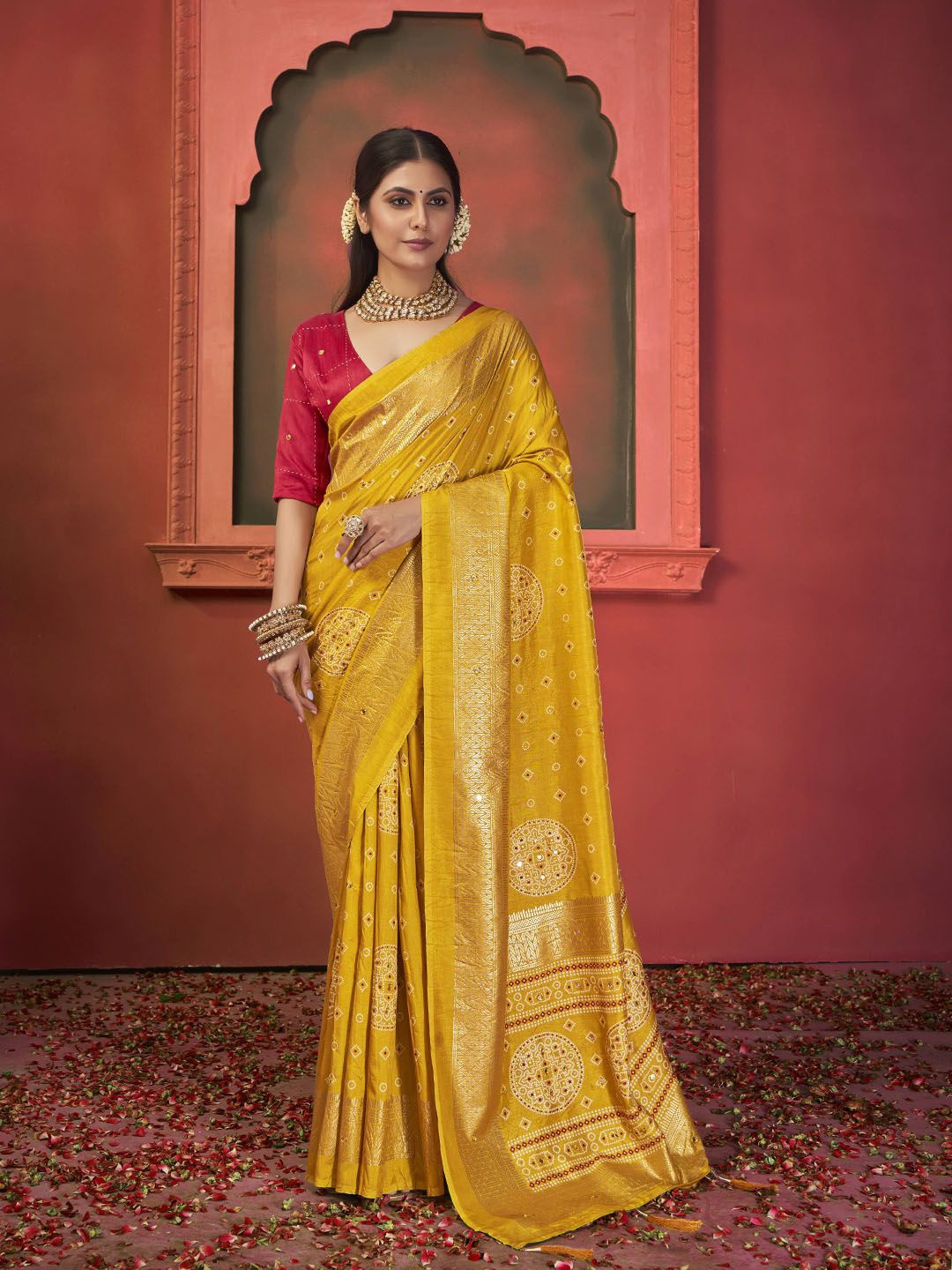 

Meena Bazaar Women Floral Printed Saree, Mustard