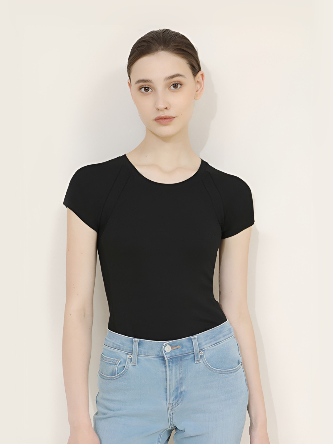

LULU & SKY Women Solid Round Neck Slim Fit T-shirt, Black