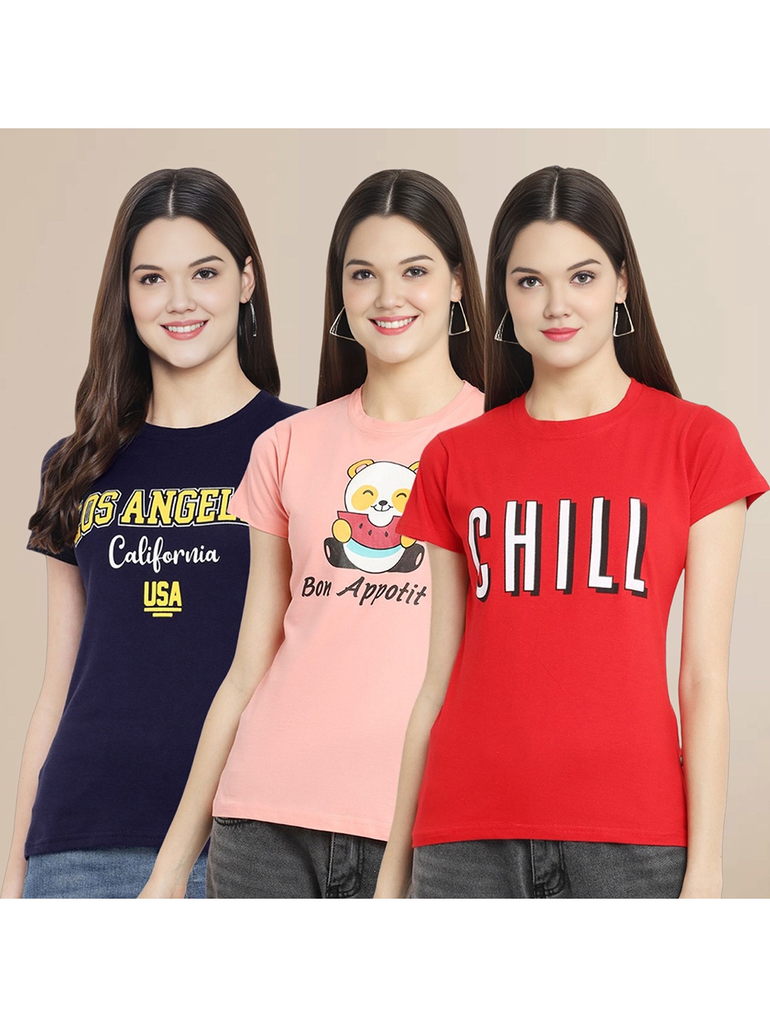 

Metronaut Women Pack Of 3 Typography Printed Round Neck Cotton T-shirts, Red