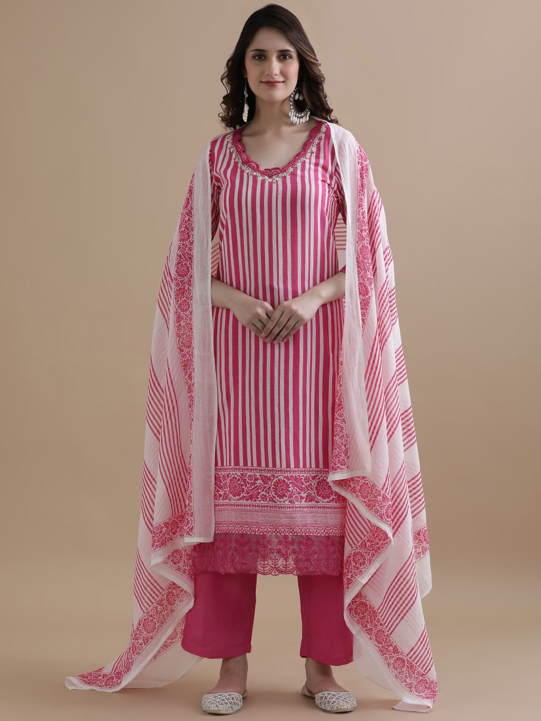 

Jaipur Kurti Striped Beads & Mirror Work Pure Cotton Straight Kurta With Trouser & Dupatta, Pink