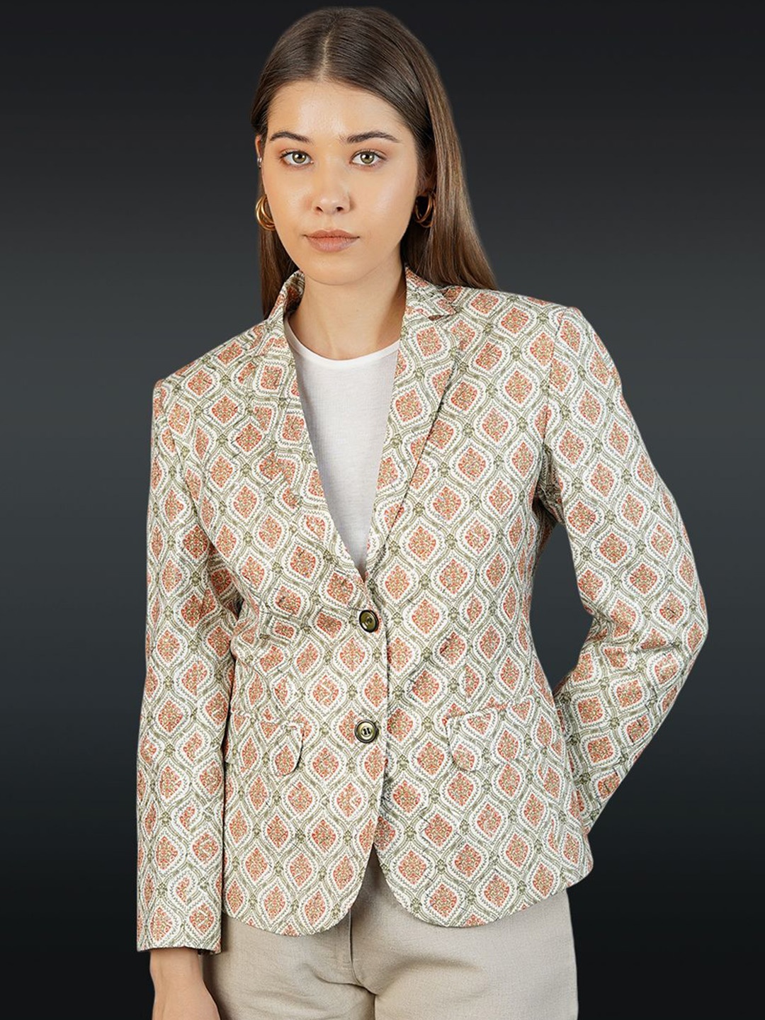 

INDOPHILIA Floral Printed Cotton Single Breasted Blazer, Green