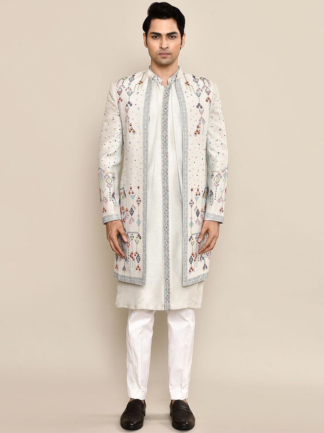 

Aryavir Malhotra Embroidered Mandarin Collar Sherwani Set, Blue